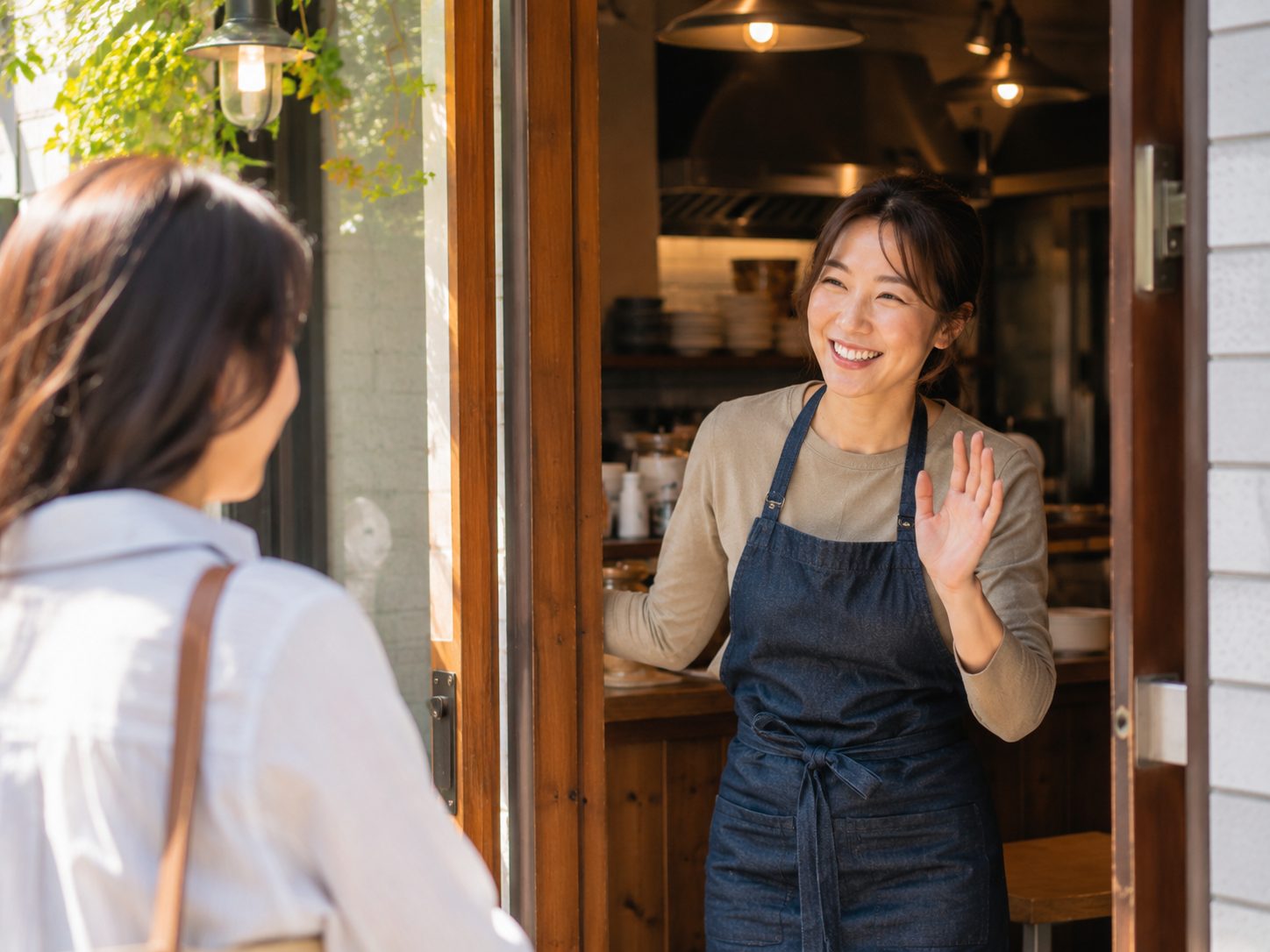 가게 문 앞에서 다시 찾아온 손님을 반갑게 맞이하는 사장님